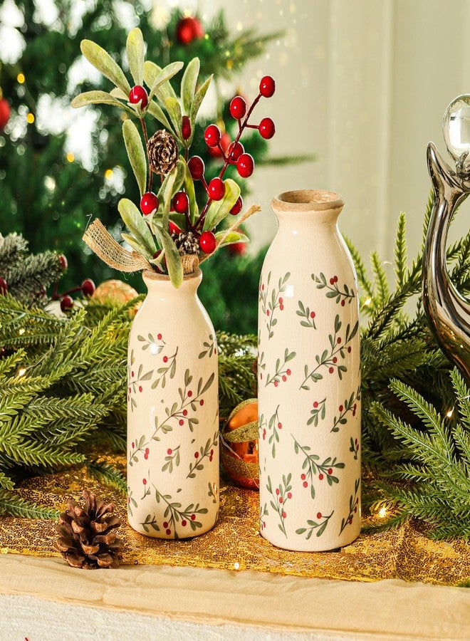 Ronasip Christmas Holly Vases, Ceramic Vase Set of 2, Hand-Painted Rustic Decor, Ice Cracked Glaze, Xmas Home Decor (Holly) - Image 2
